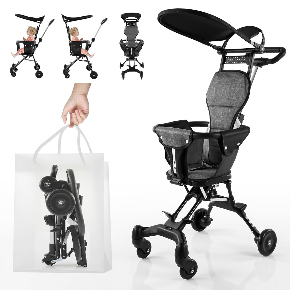 Collage of a portable Foldable Baby Stroller with multiple views and a hand holding it.
