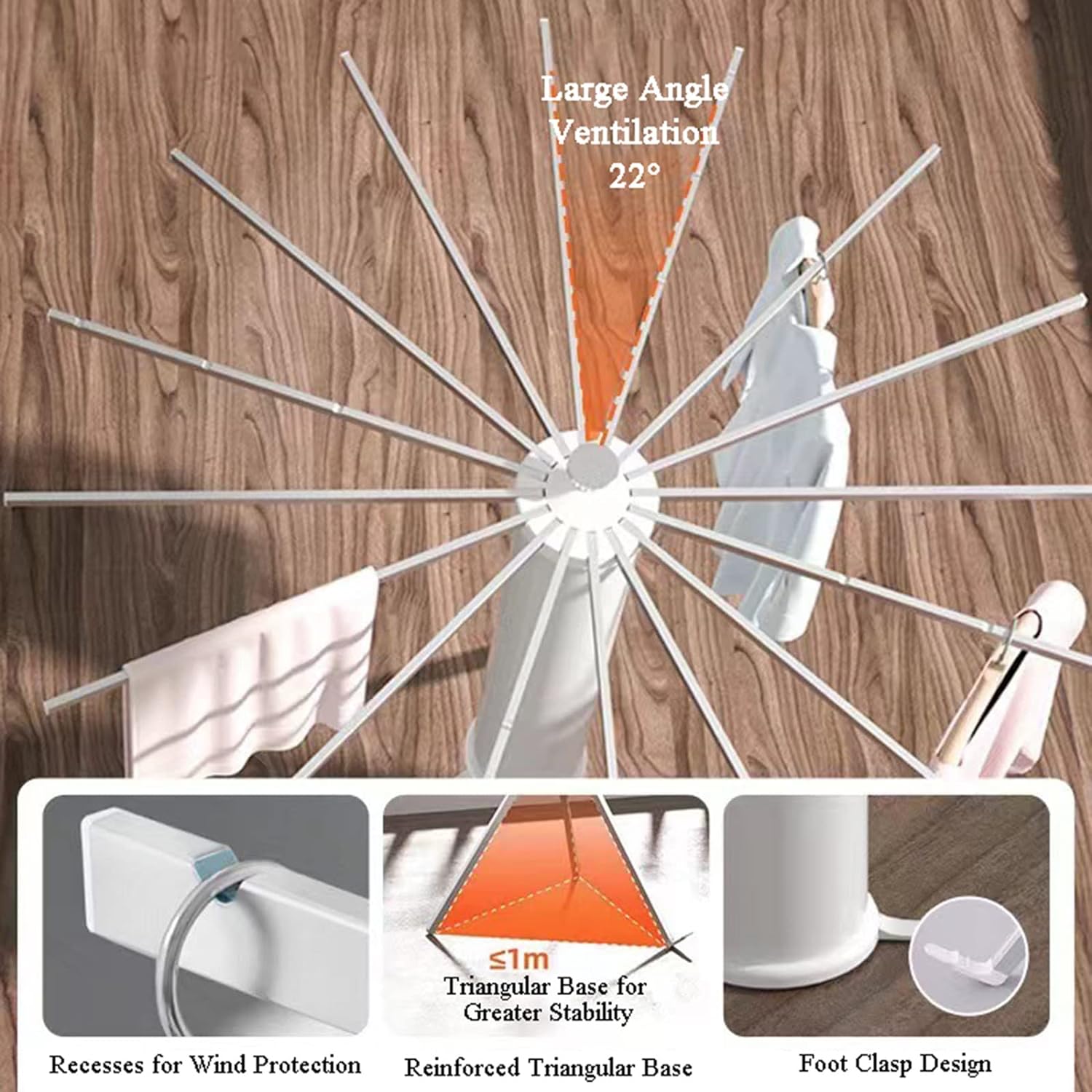 Different features of the Foldable Clothes Hanger Airer Umbrella, Installation-Free Laundry Rail with 16 Drying Rods