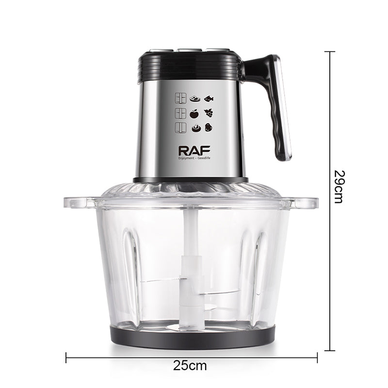 RAF food chopper with dimensions on a white background