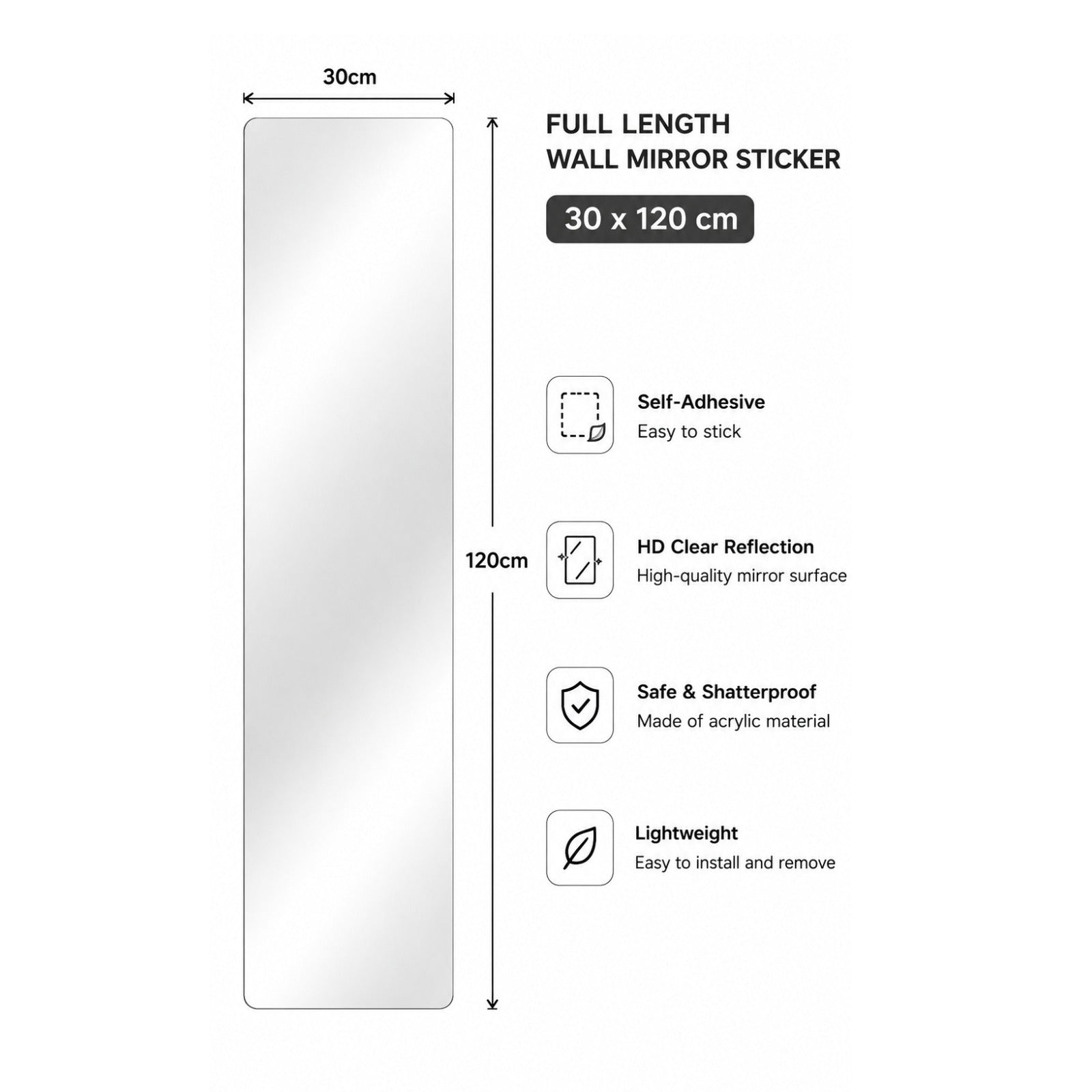 A full-length self-adhesive wall mirror sticker displayed on a white background, with its dimensions and key features highlighted