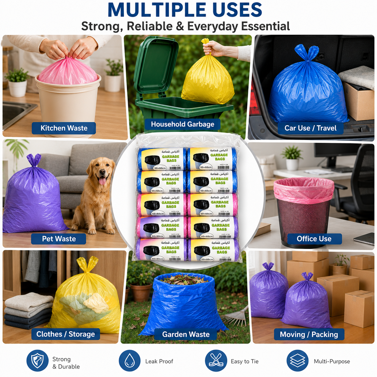 Multifunctional garbage bags with various uses shown in images.