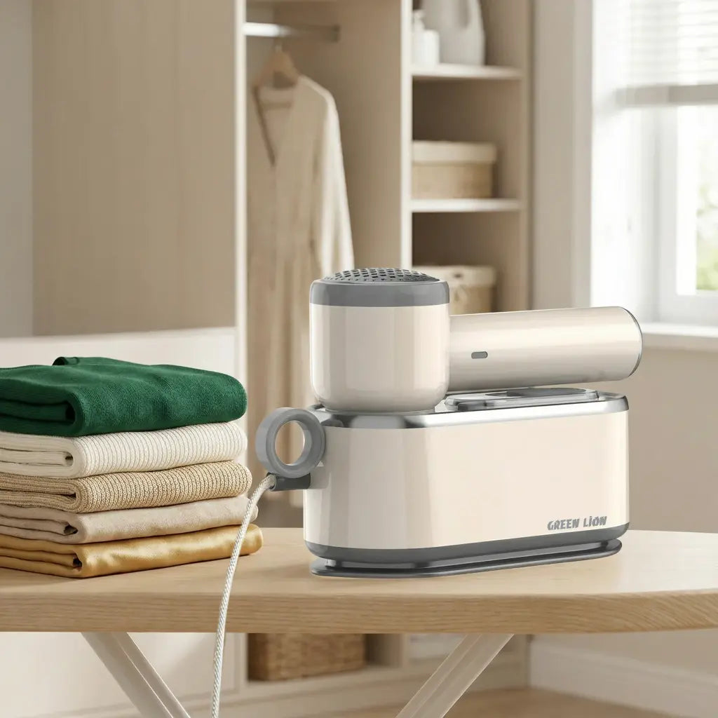 Green Lion 3-in-1 Garment Steamer  on a table with folded clothes in a room setting