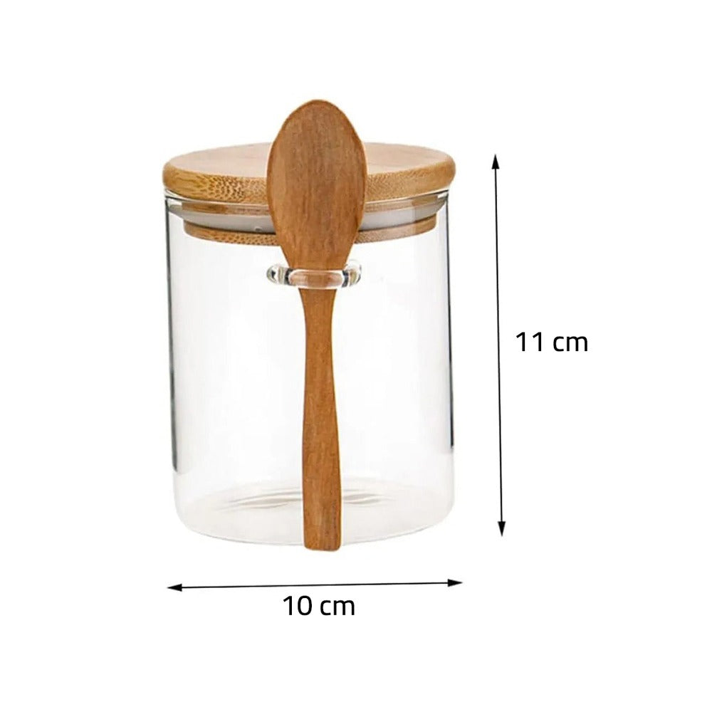 Glass jar with wooden lid and spoon, dimensions indicated