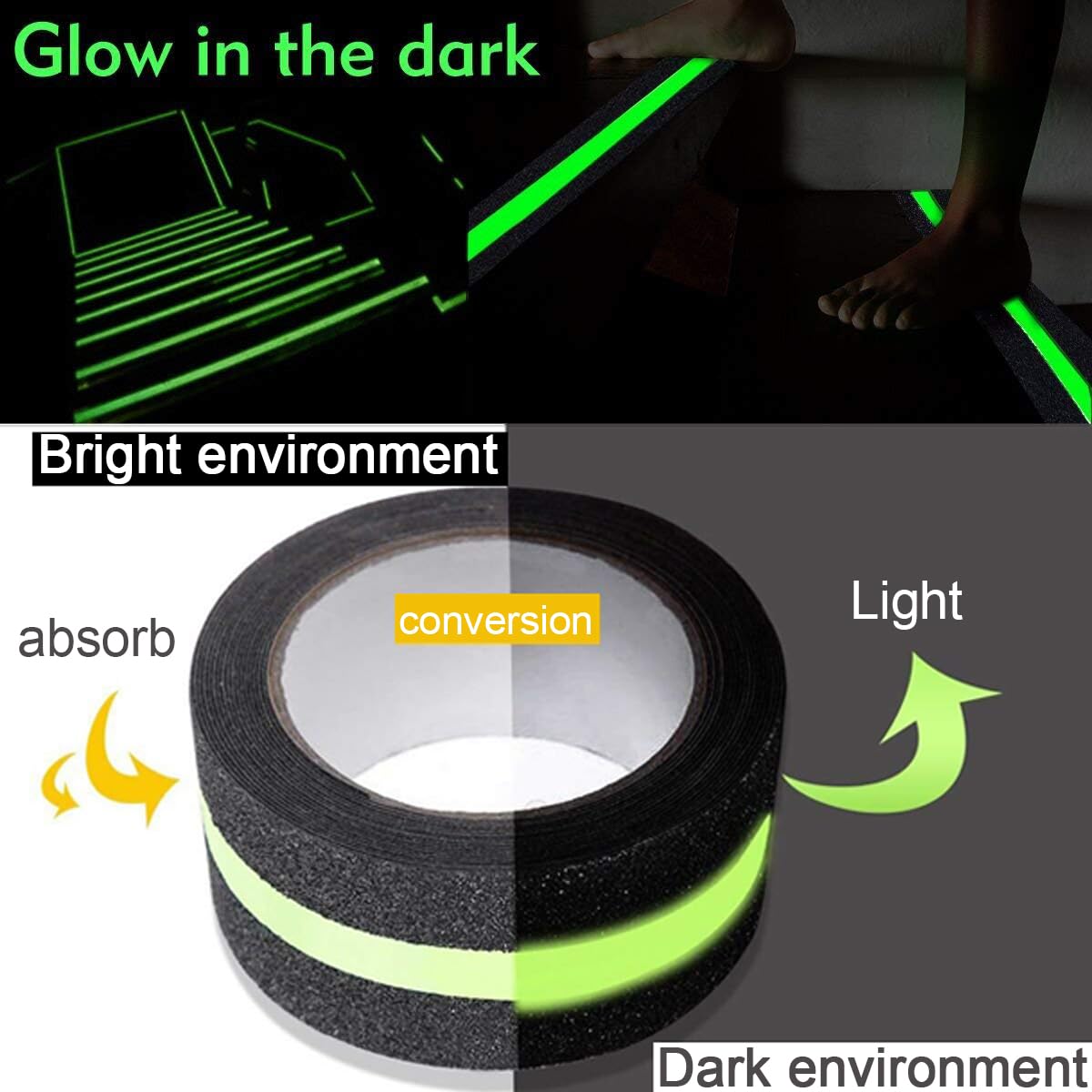 Glow-in-the-dark anti-slip tape with text explaining its properties and uses.