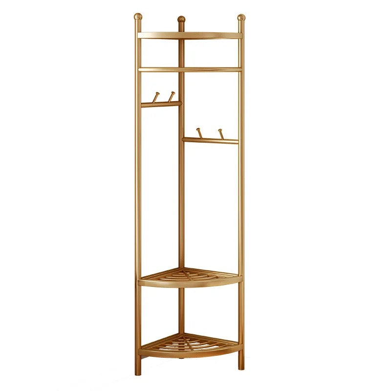 A perfect golden color garment clothing rack with 3 storage area , hanging area for clothes, bag and scarves.