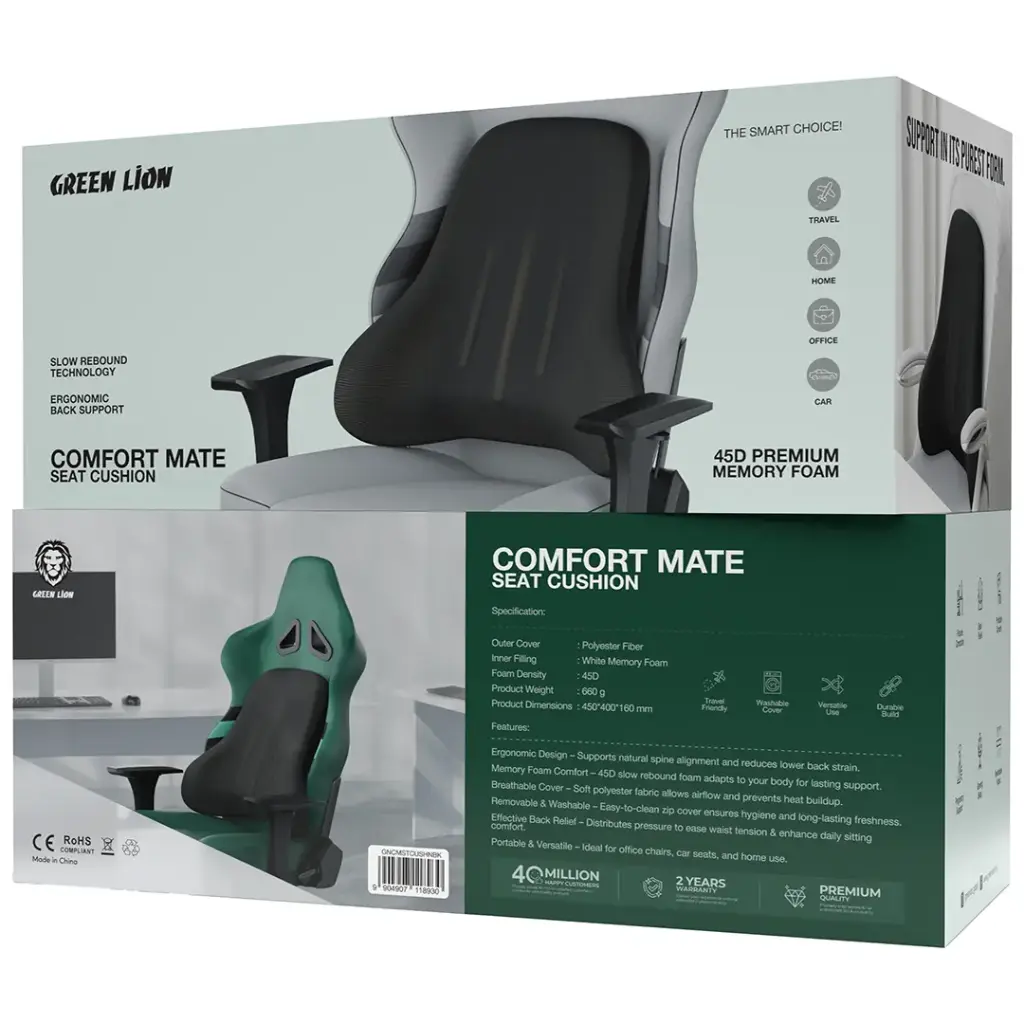 Green Lion Comfort Mate Seat Cushion packaging displayed with the seat cushion and an office chair illustration
