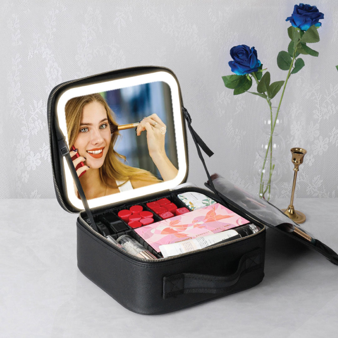 A Green Lion LED Makeup Organizer with a built-in illuminated mirror, neatly storing cosmetics while a woman applies makeup.