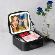 A Green Lion LED Makeup Organizer with a built-in illuminated mirror, neatly storing cosmetics while a woman applies makeup.
