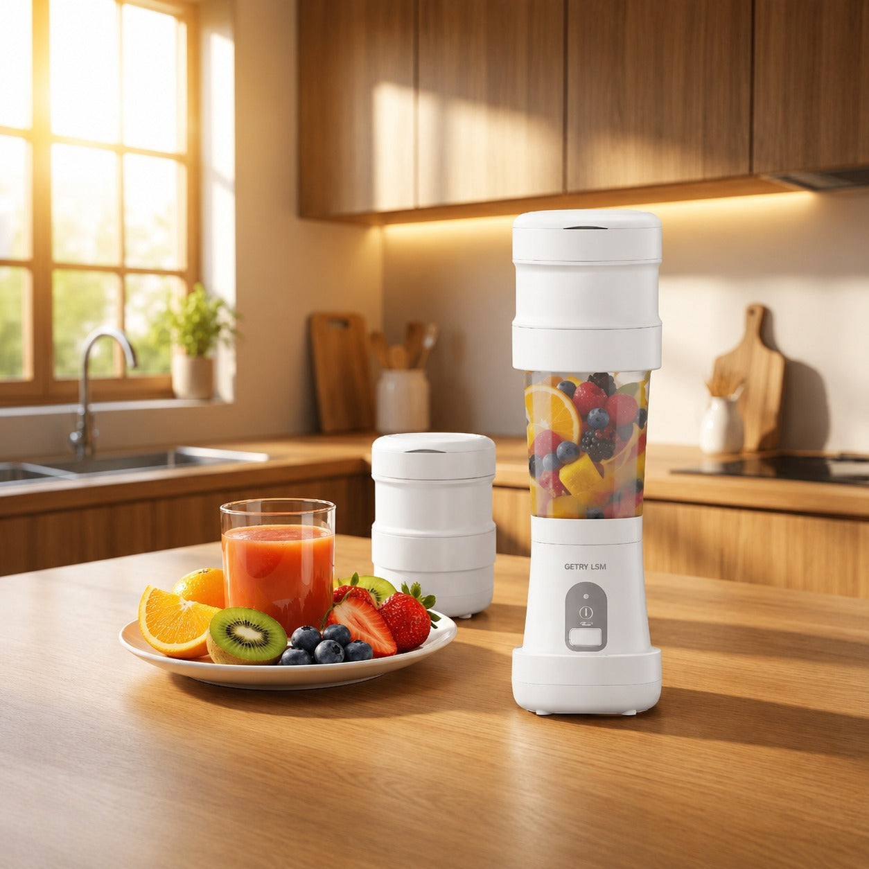 Green Lion Collapsible Portable Juicer with fruit and juice on a kitchen counter