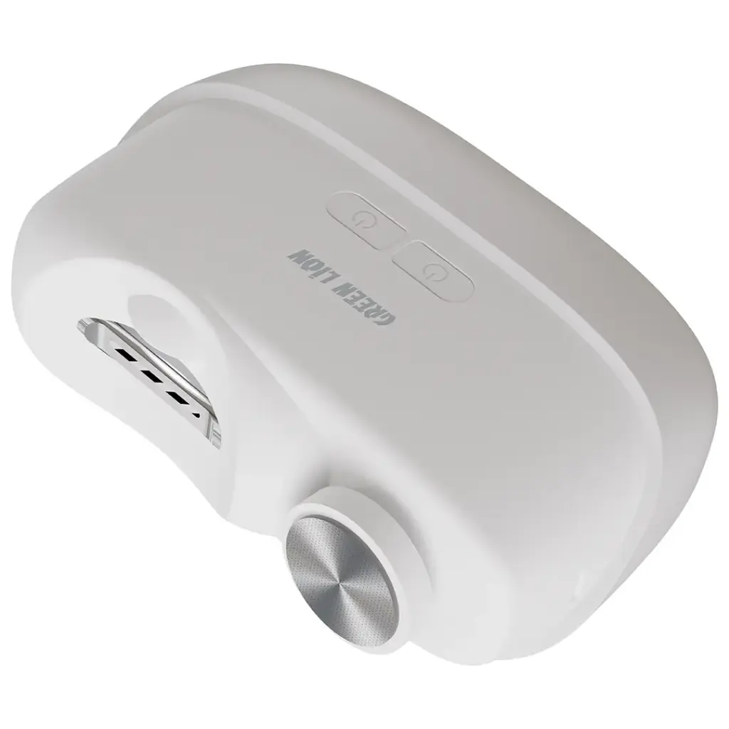 White Green Lion 2-in-1 Nail Clipper & Polisher with buttons and ports on a white background