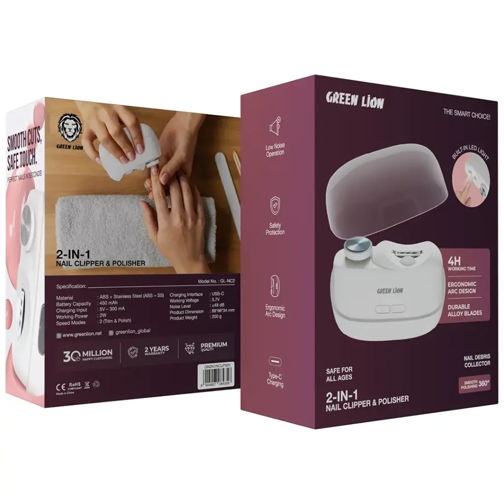 Green Lion nail clipper and polisher packaging with product image on a white background