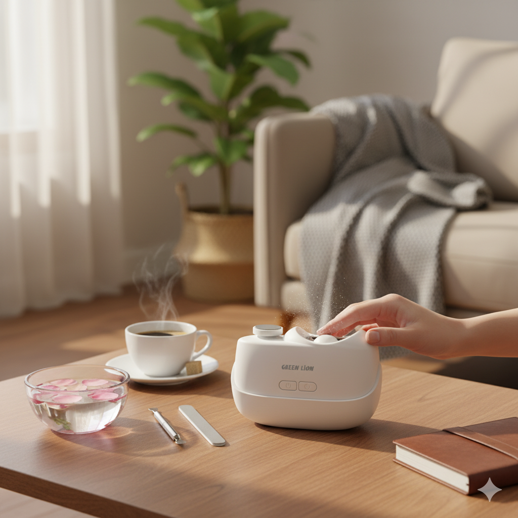 White Green Lion 2-in-1 Nail Clipper & Polisher on a wooden table with a cup of coffee, a plant, and a sofa in the background