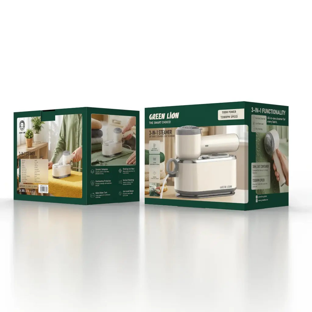 Green Lion 3-in-1 steamer packaging on a white background