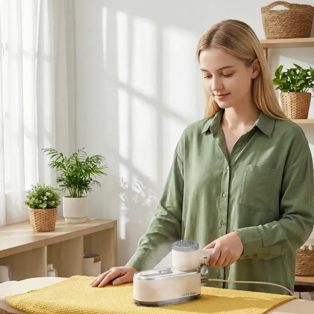 A woman in a green shirt is using a Green Lion 3-in-1 Garment Steamer in a bright room with plants.