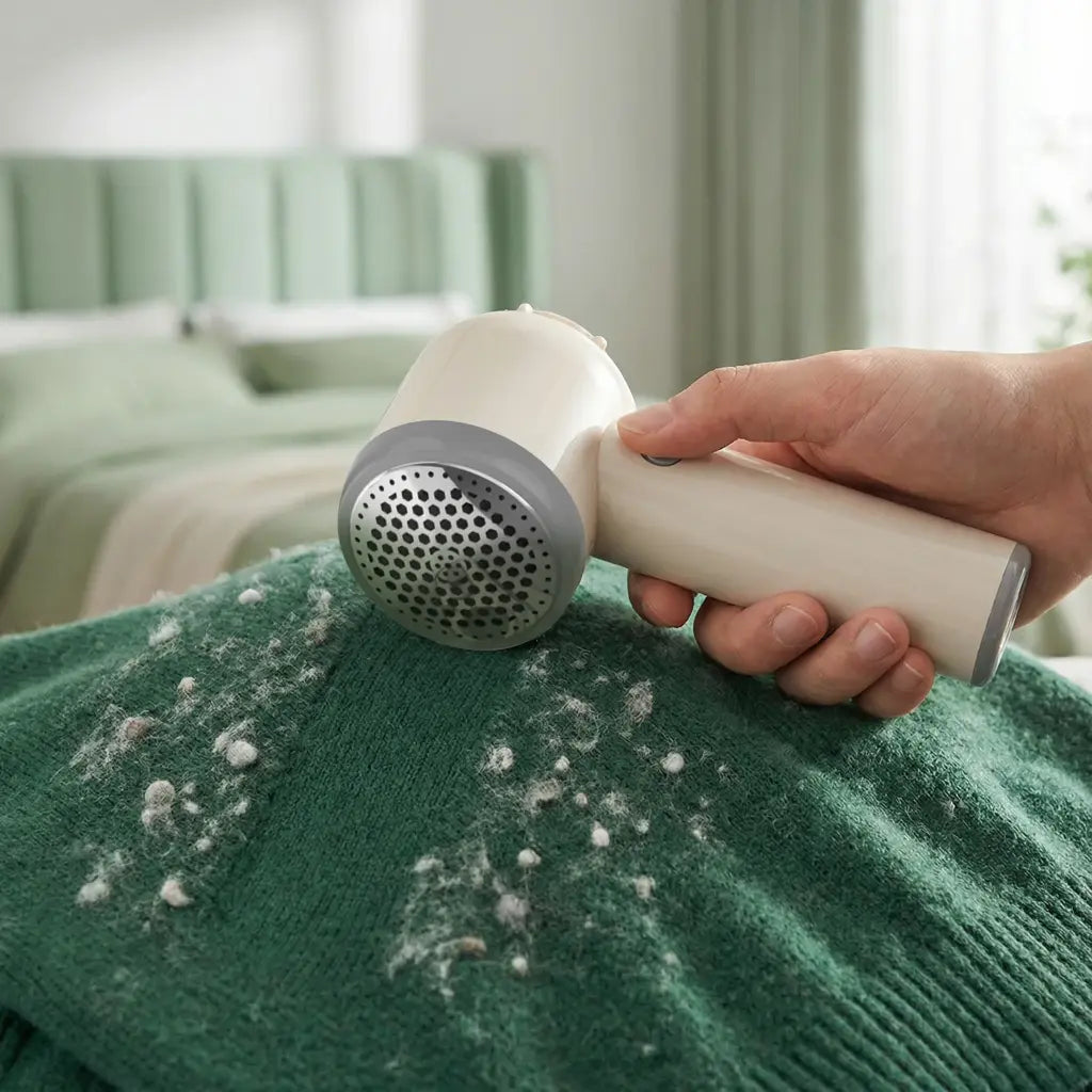 Person using a Lint Remover of Green Lion 3-in-1 Garment Steamer  on a green sweater with visible hair removal