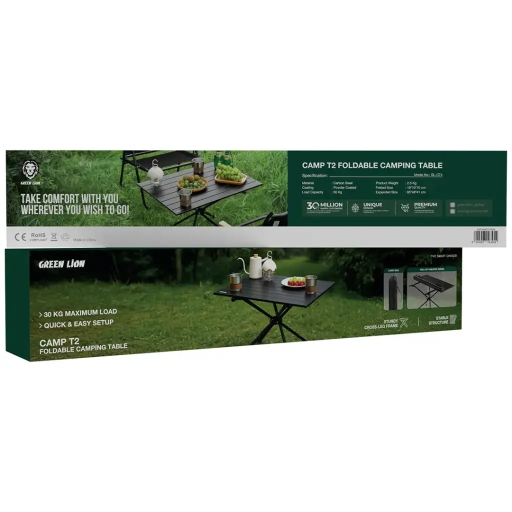 Box packaging of a camp T2 foldable camping table with images of the table in use.