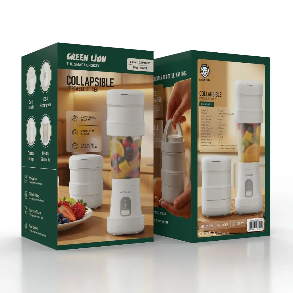 Packaging box of the Green Lion Collapsible Portable Juicer.