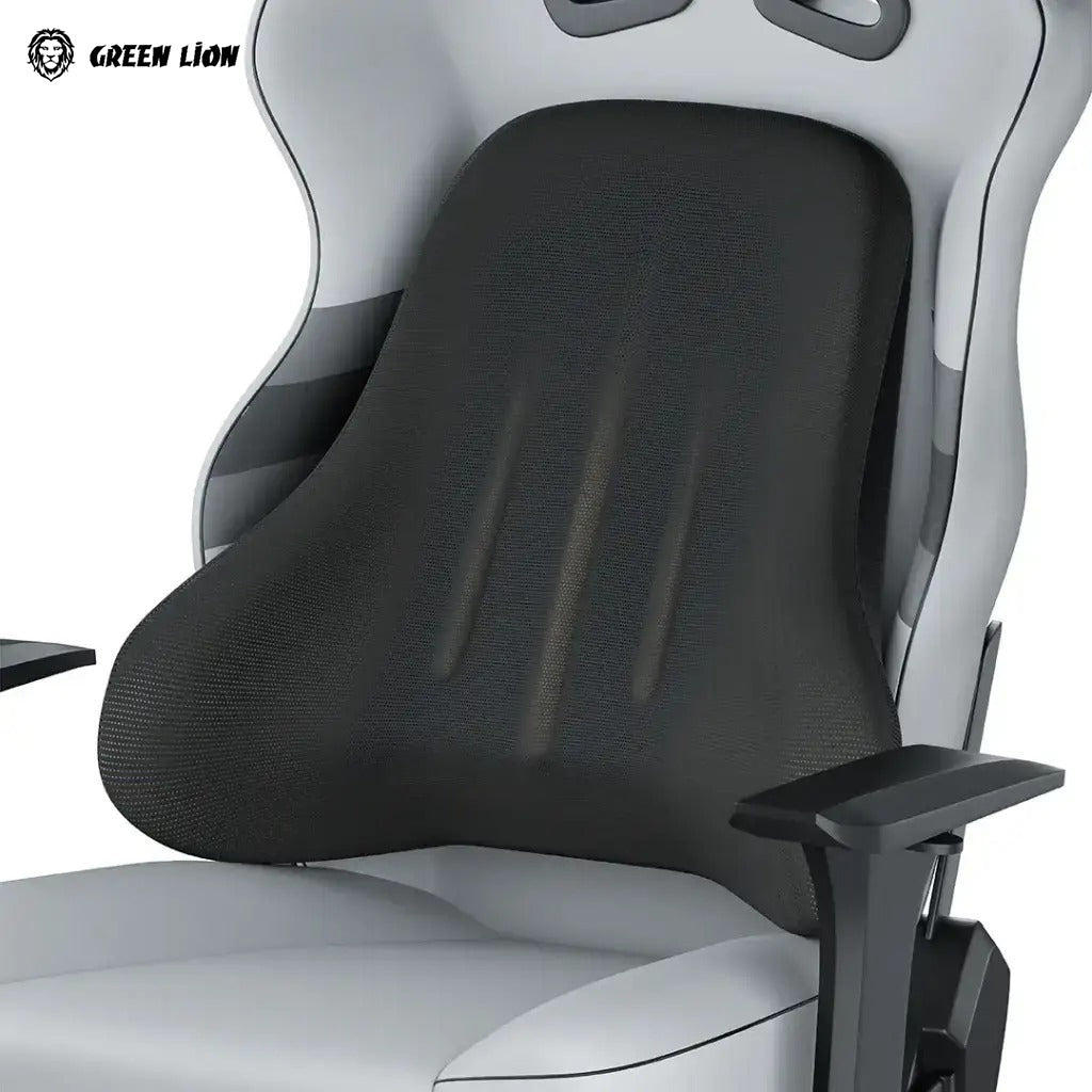 An ergonomic office chair featuring the Green Lion Comfort Mate Seat Cushion, displayed on a white background with Green Lion branding