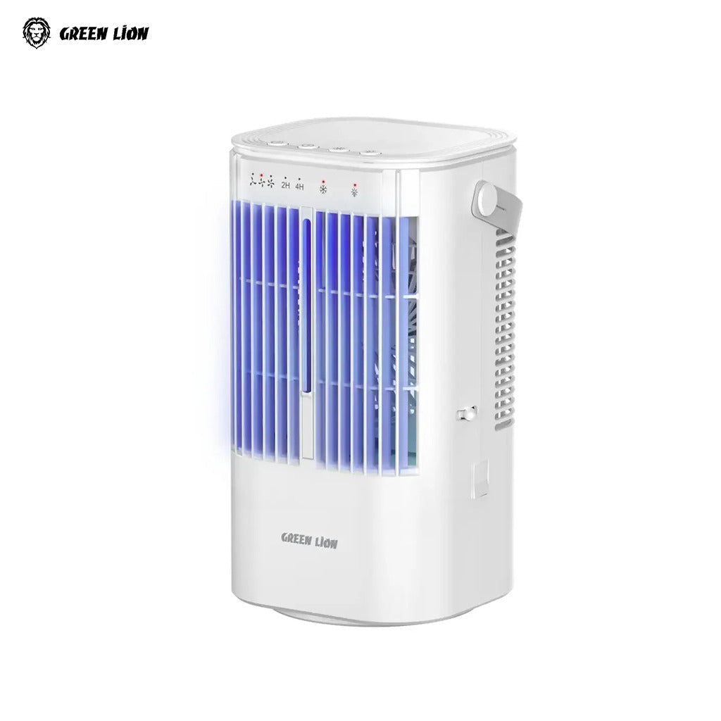 White Green Lion Compact Air Cooler with blue interior on a white background