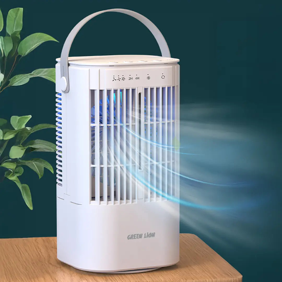 White Green Lion Compact Air Cooler on a wooden surface with a plant in the background
