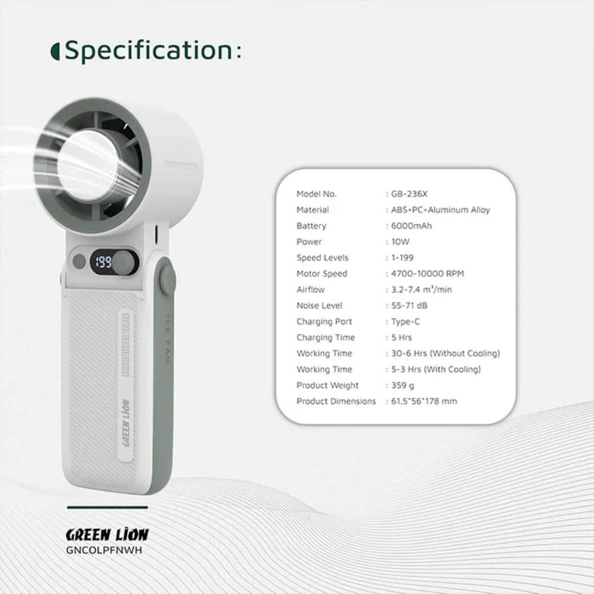 Green Lion Coolio Portable Fan, 10000RPM Rechargeable Handheld Cooling Fan - GB-236X