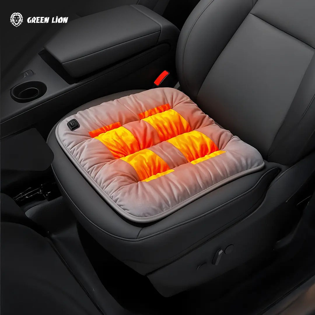 The Green Lion Electric Heat Pad Heating Seat Cushion, featuring the visible Green Lion branding, placed on a car seat