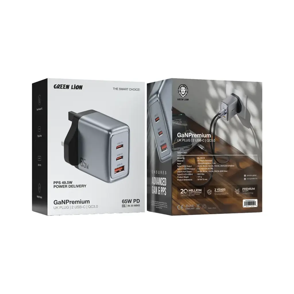 Pack Of Green Lion GaN Premium UK Plug Wall Charger.