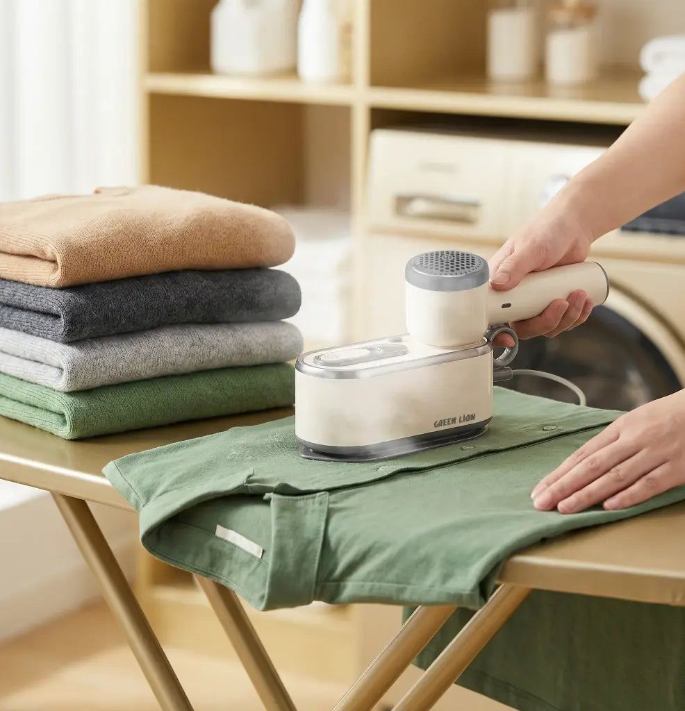 Person using a Green Lion 3-in-1 Garment Steamer on a green shirt with folded clothes in the background