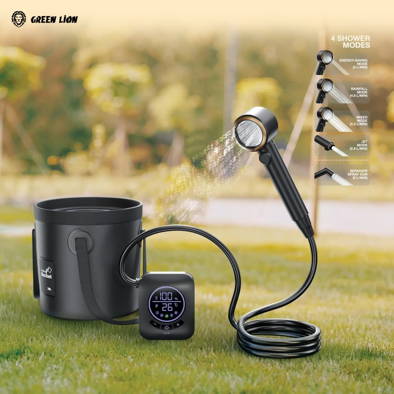 Green Lion Portable Camping Shower with digital display and cup on grass, Green Lion branding visible