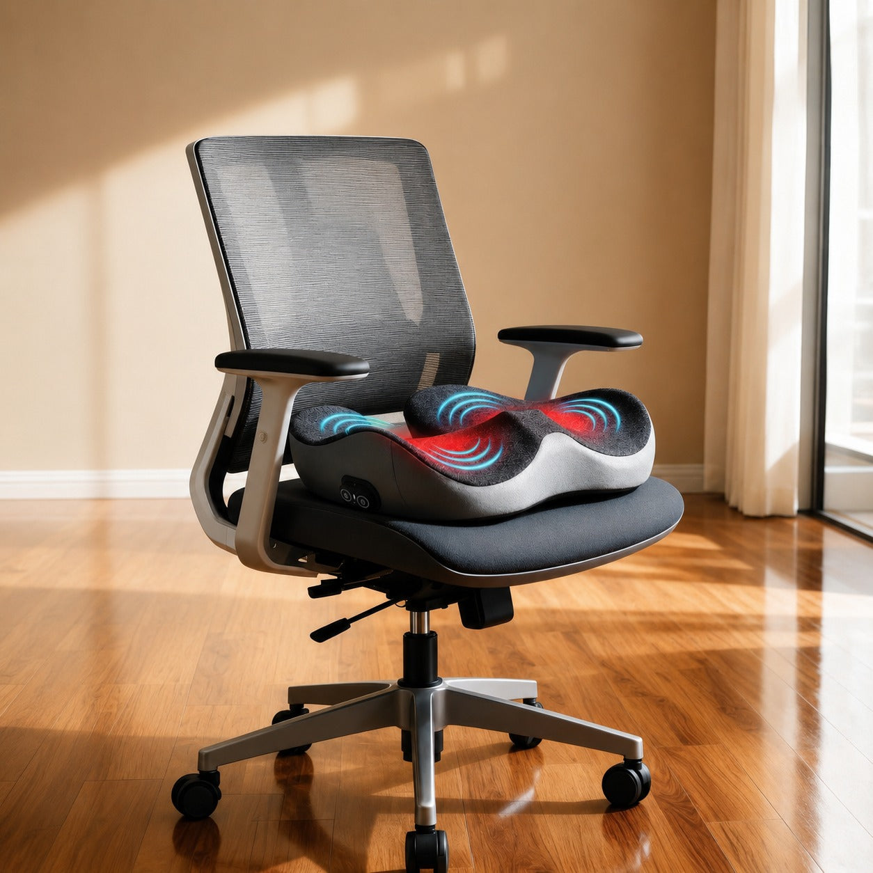 Ergonomic office chair with Green Lion RELIEVE PRO Seat Cushion on a wooden floor.
