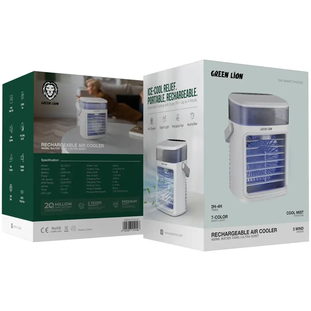 Green Lion Rechargeable Air Cooler, 400ML Water Tank, Portable Cool Mist Fan - GL-AC12