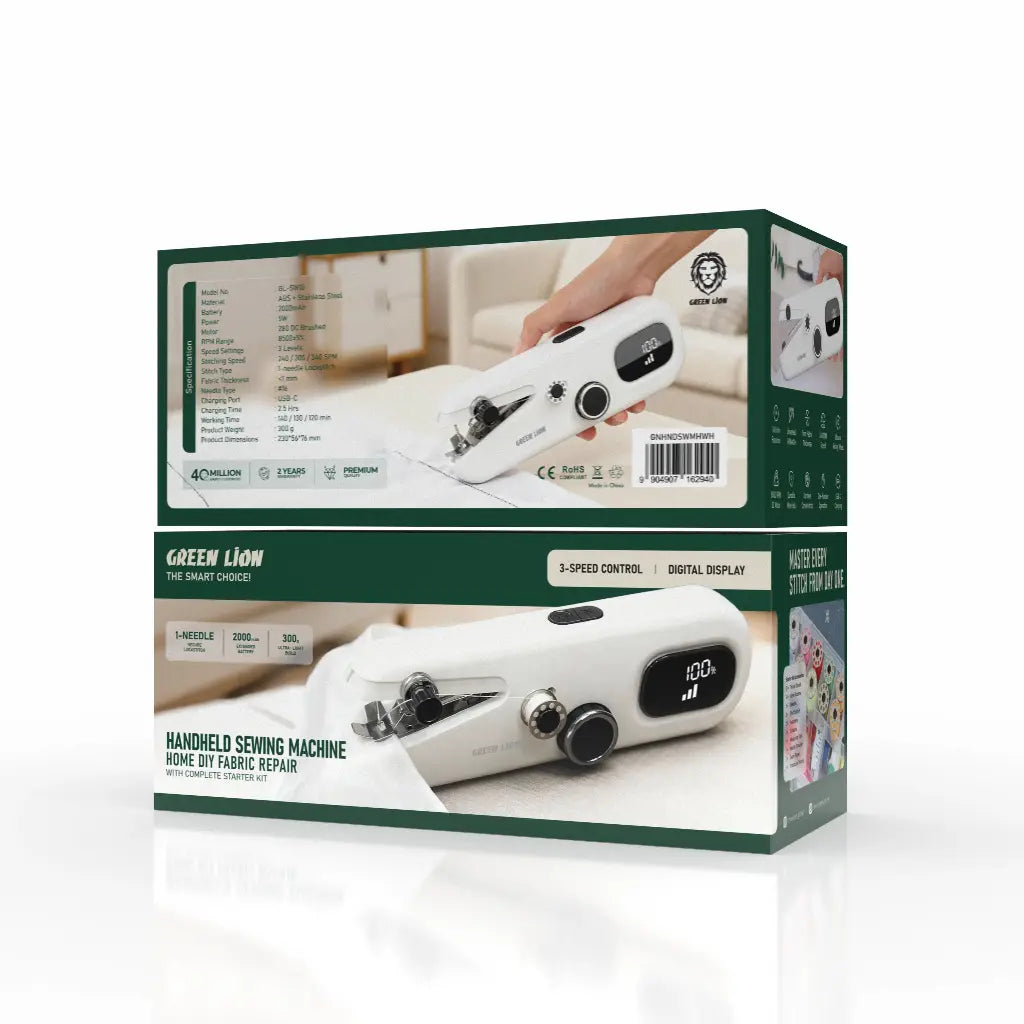 Green Lion handheld sewing machine packaging on a white background