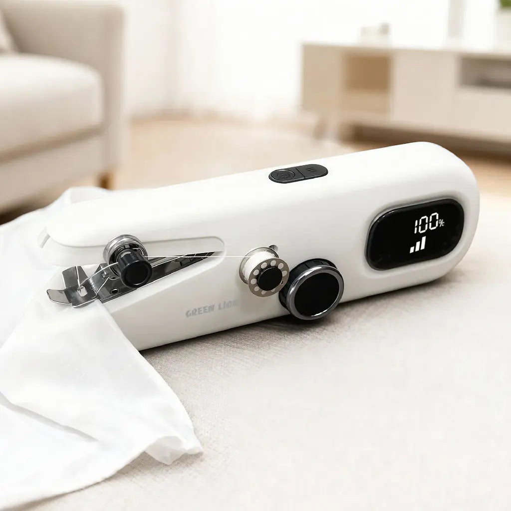 White Green Lion Handheld Sewing Machine with digital display on a light surface, blurred background