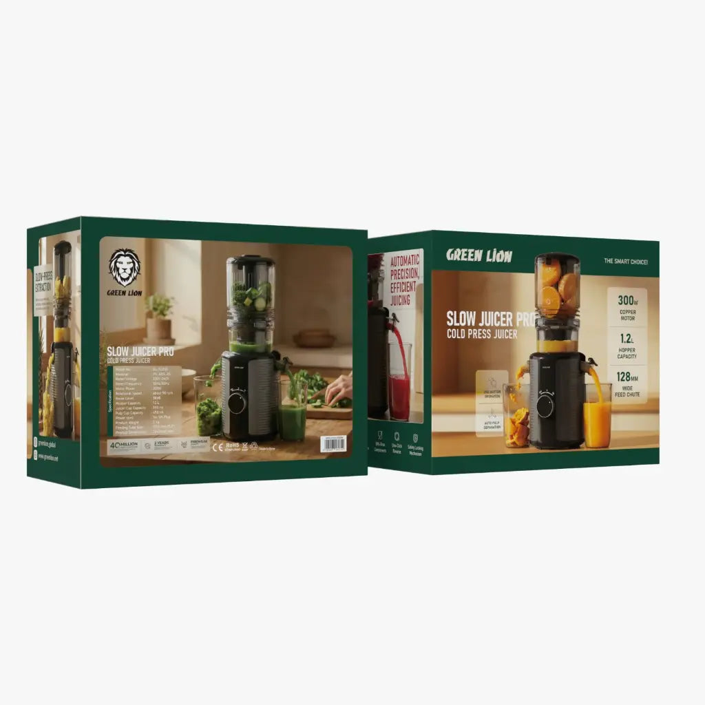 Green Lion slow juicer packaging on a white background
