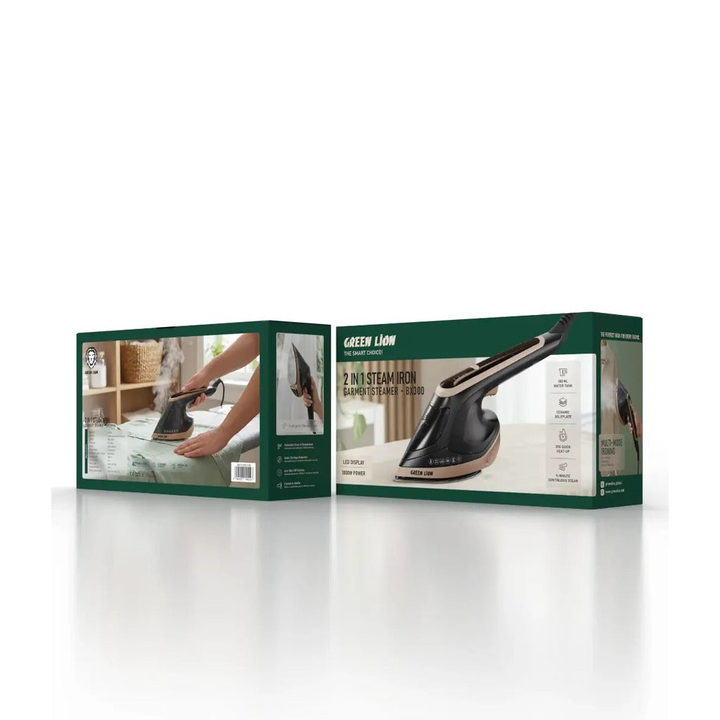 Green Lion 2-in-1 steam iron packaging on a white background