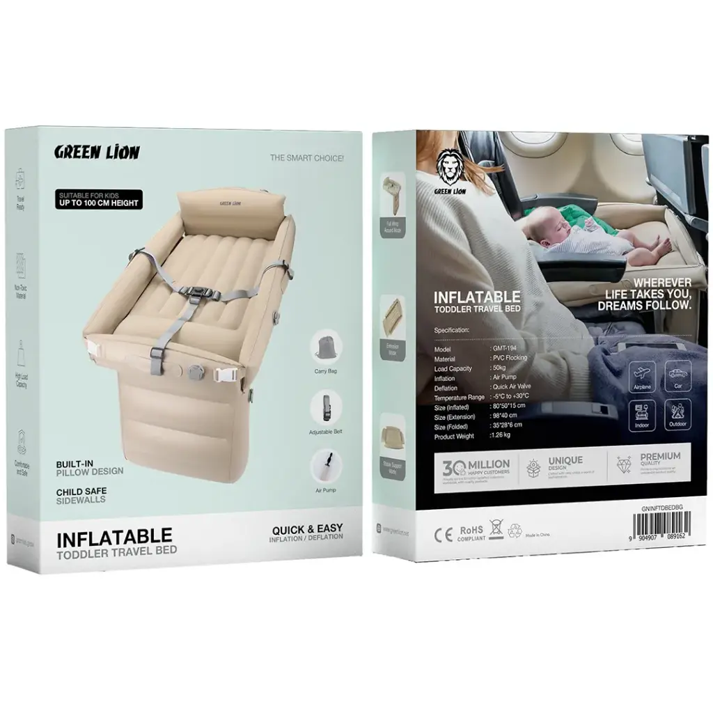 Packaging of Green Lion inflatable toddler travel bed with images and text on a white background
