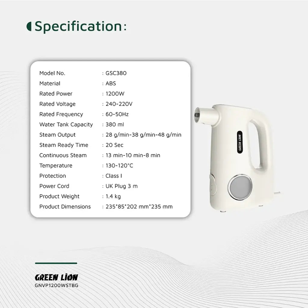 White Green Lion Vapor Pro Steam Cleaner  with specifications listed on a gray background