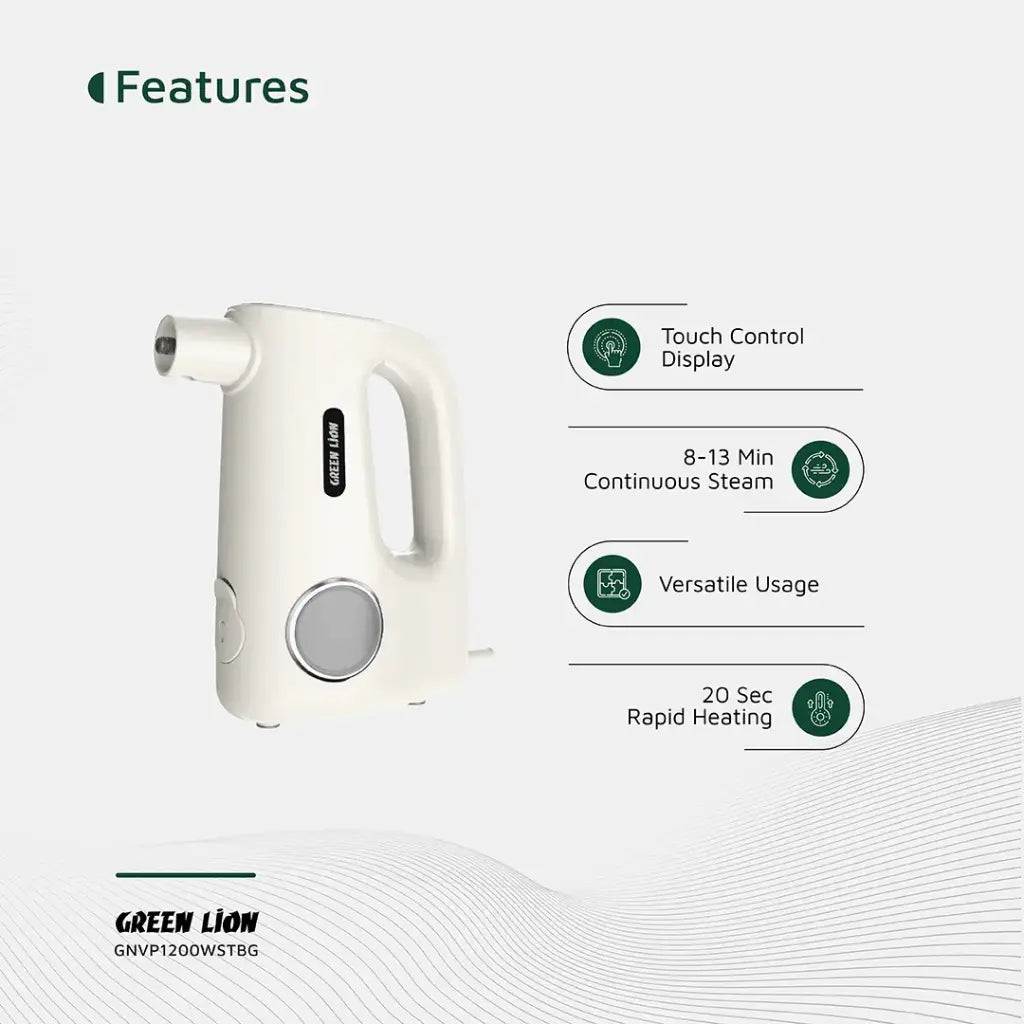 White Green Lion Vapor Pro Steam Cleaner with features listed on a light gray background, featuring the Green Lion brand.