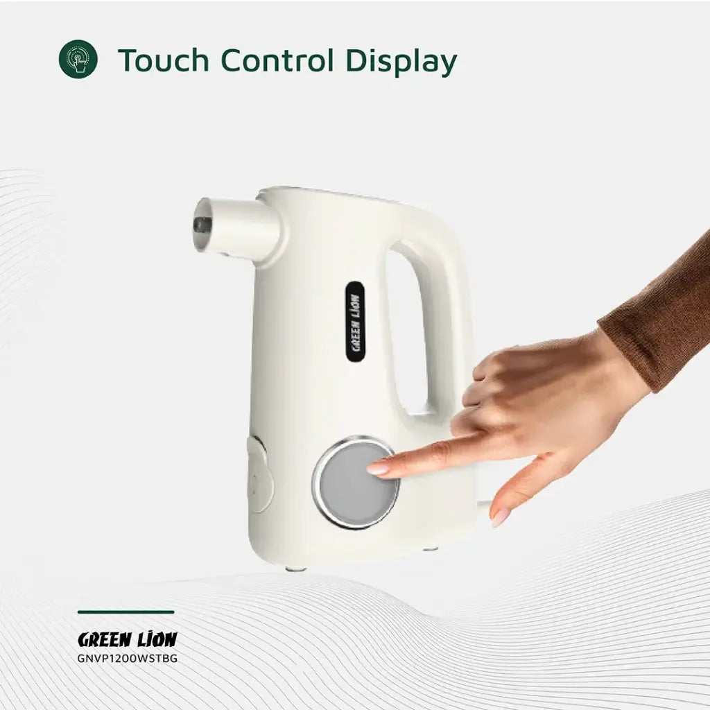 Green Lion Vapor Pro Steam Cleaner with touch control display on a white background