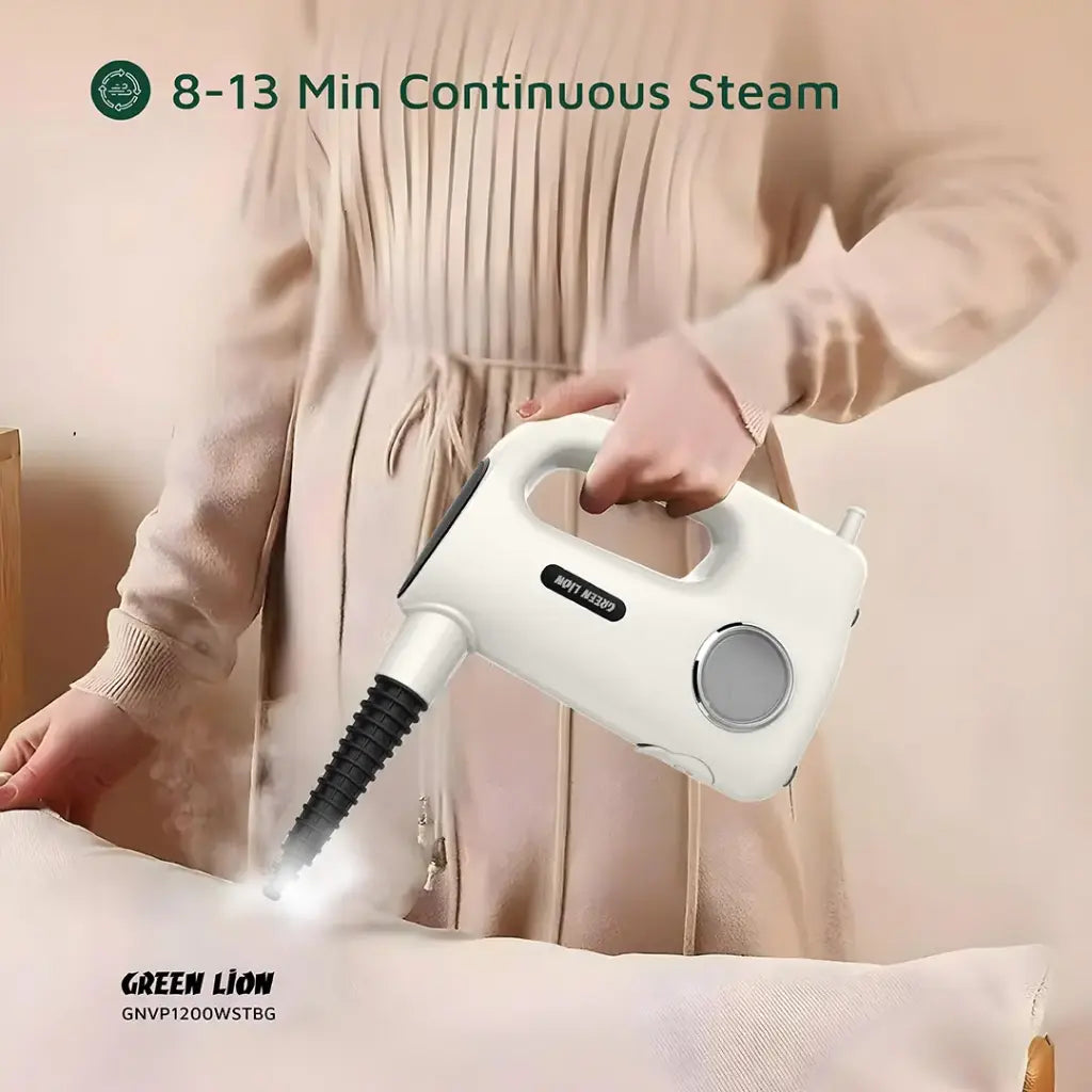 A person uses the Green Lion Vapor Pro Steam Cleaner to clean a surface.