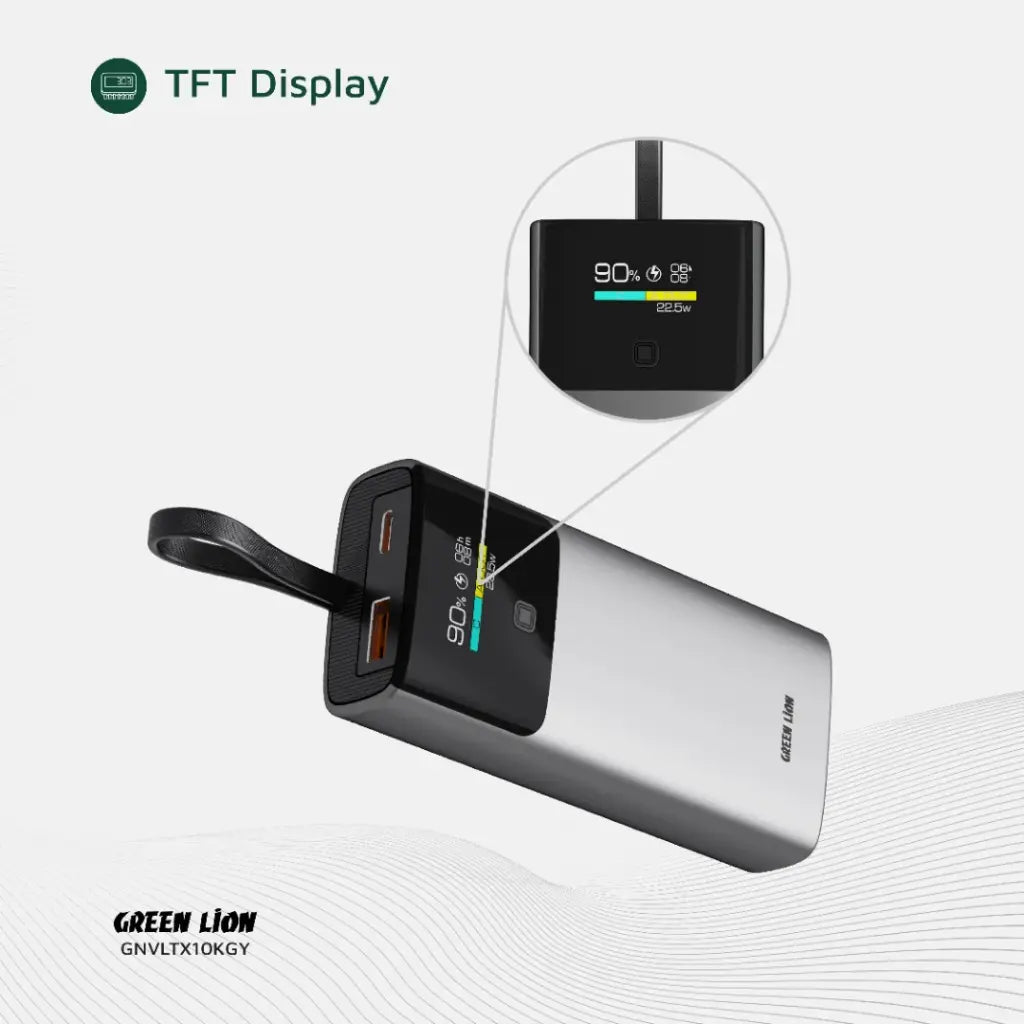 Voltix Power bank with TFT display and Green Lion branding on a white background