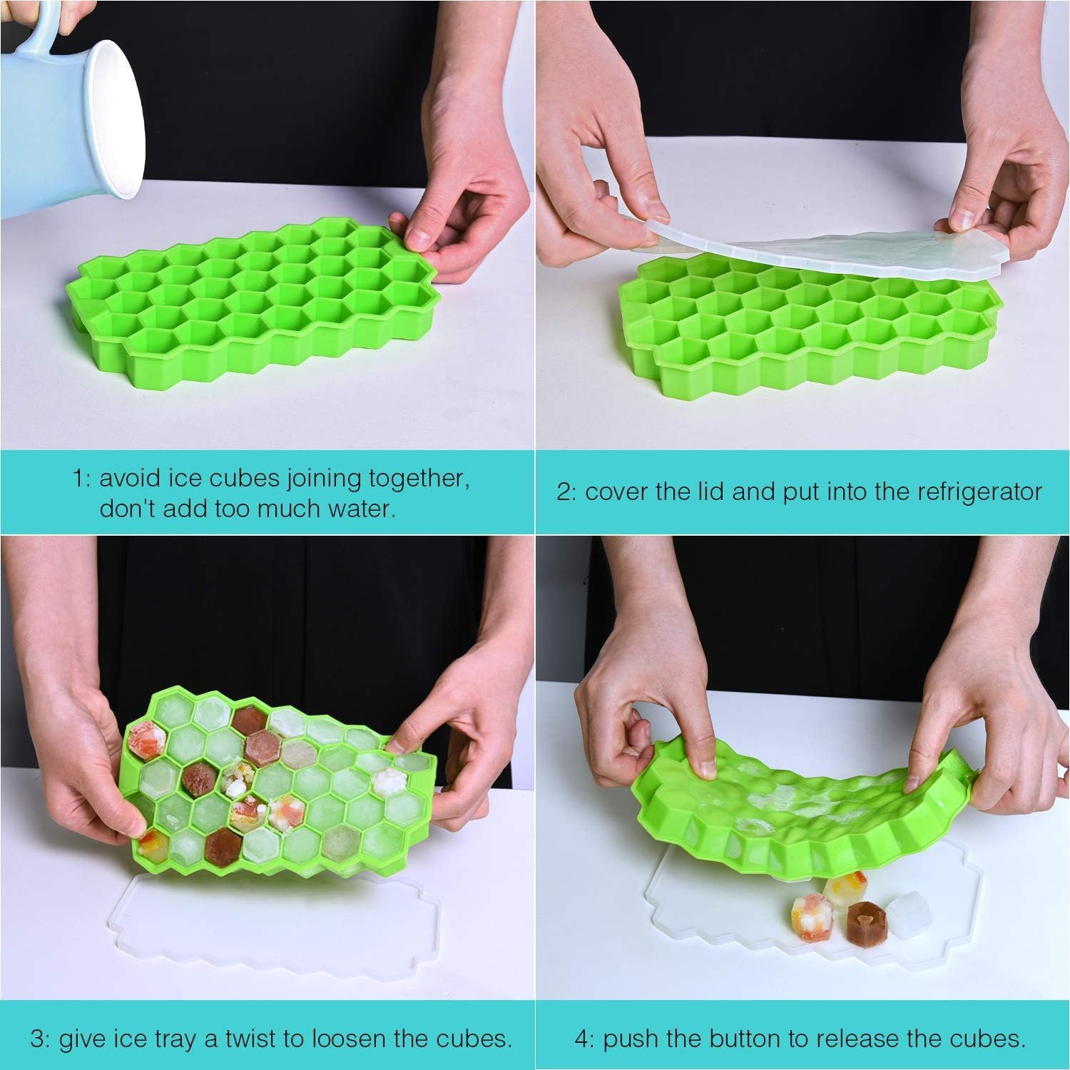 A Person is demonstrating the usage instructions of Green silicone ice cube tray on a white background