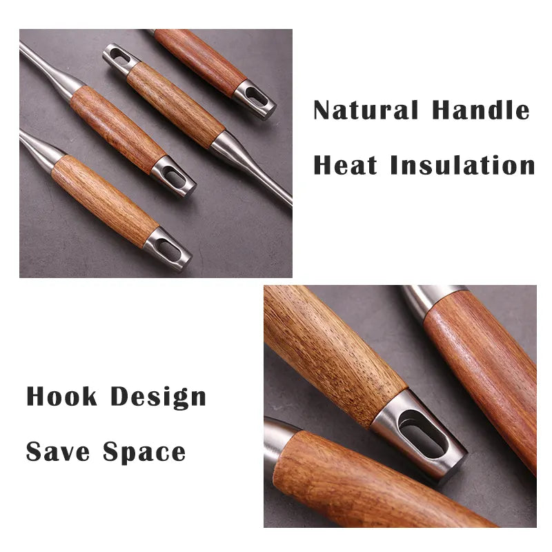 Close-up of Stainless Steel Kitchenware Spatula Set with Wooden Handle