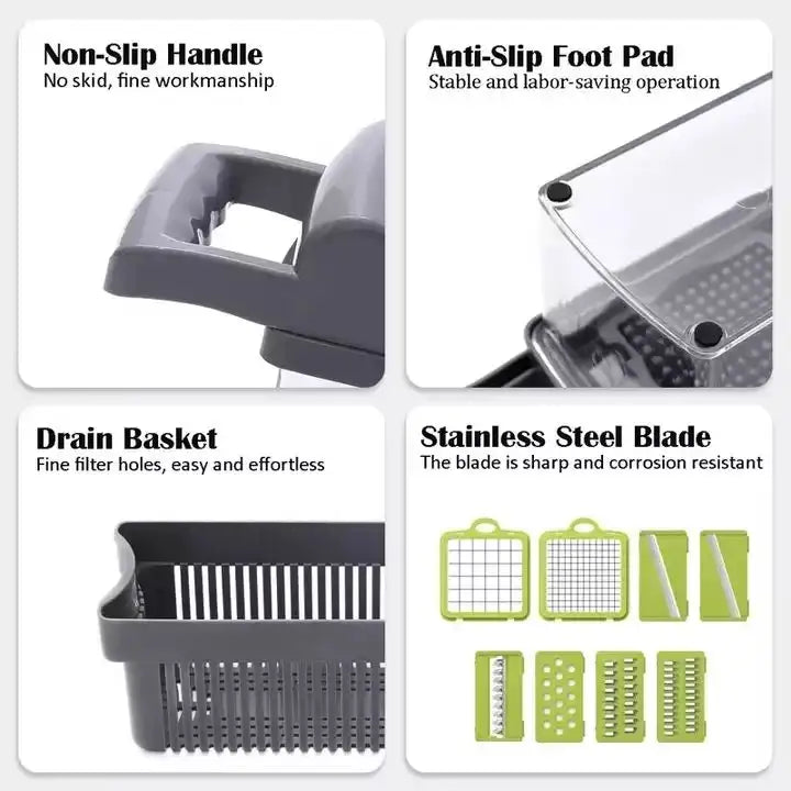 Someone is using a 12-in-1 Multifunctional Kitchen Vegetable Slicer Dicer with an Adjustable Mandolin Chopper