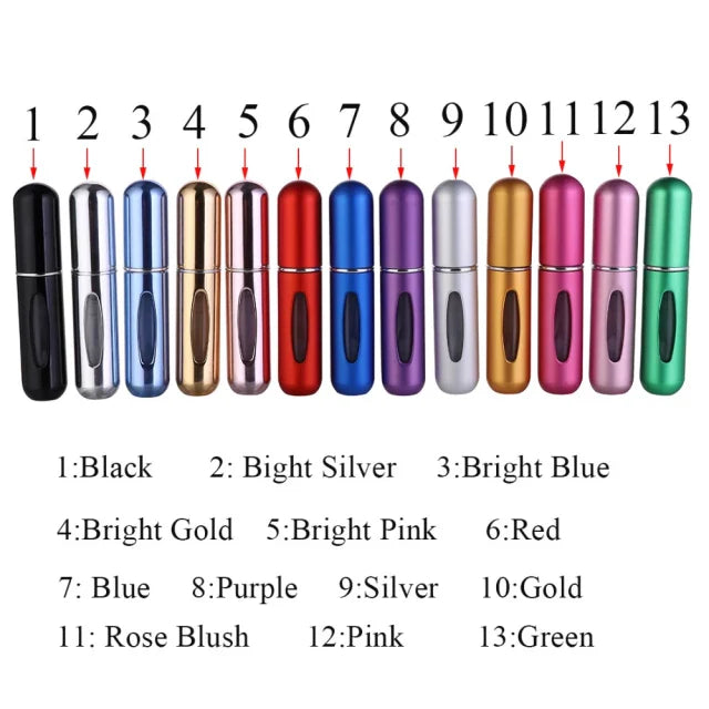 A collection of Mini Perfume Refill Bottle - Pocket Size Perfume Atomize in various vibrant colors, all belonging to the same type, neatly arranged side by side