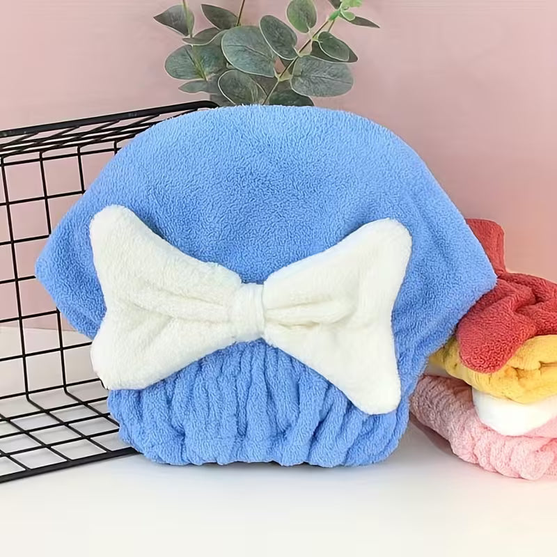  Hair Drying Cap with a white bow on a pink background