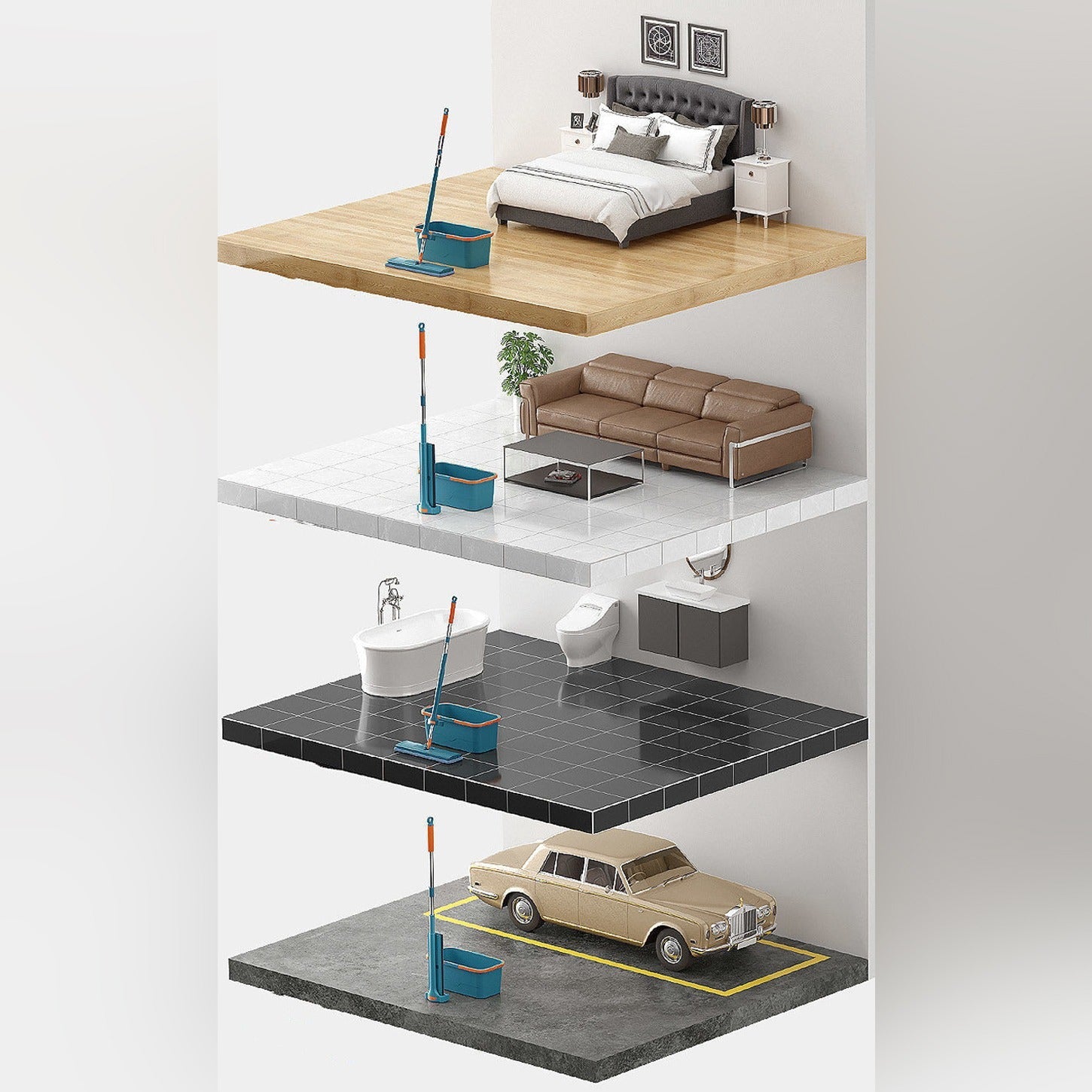 Different Scenarios For  Using Self Squeezing Micro Fiber Flat Mop With Bucket.