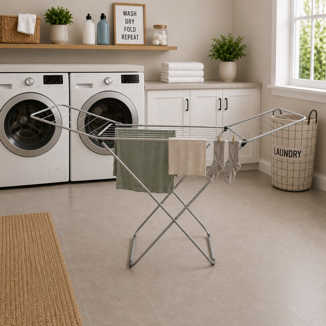 Laundry room with washing machines, Heavy Duty Foldable Clothes Drying Rack, and clothes on a rack.
