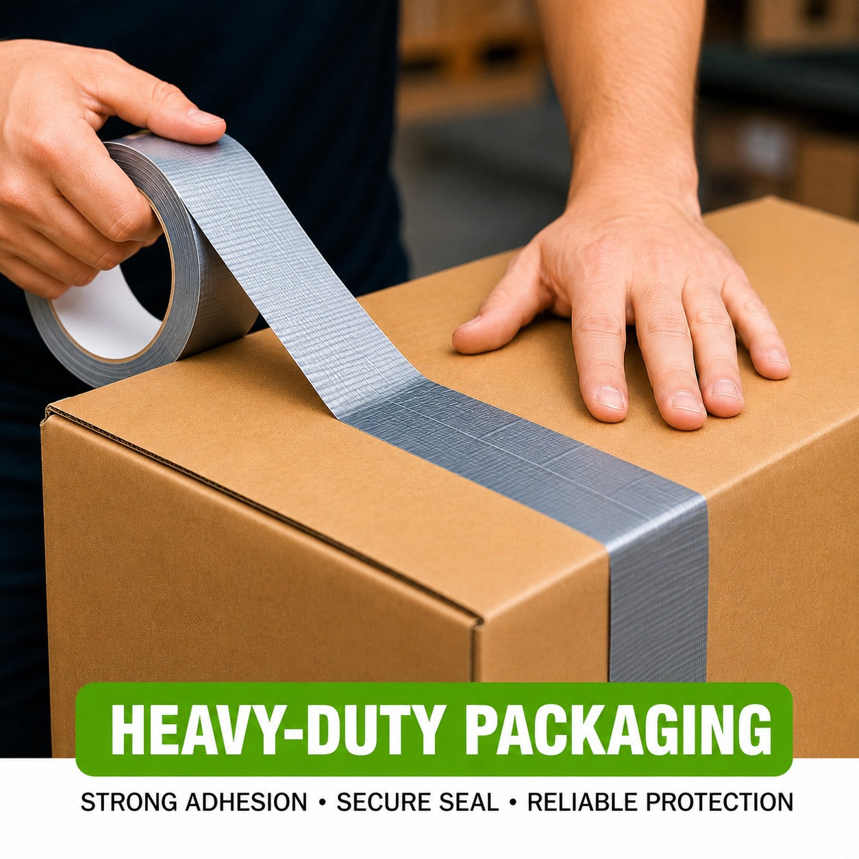 Person taping a cardboard box with a Heavy Duty Silver Duct Tape emphasizing heavy-duty packaging.