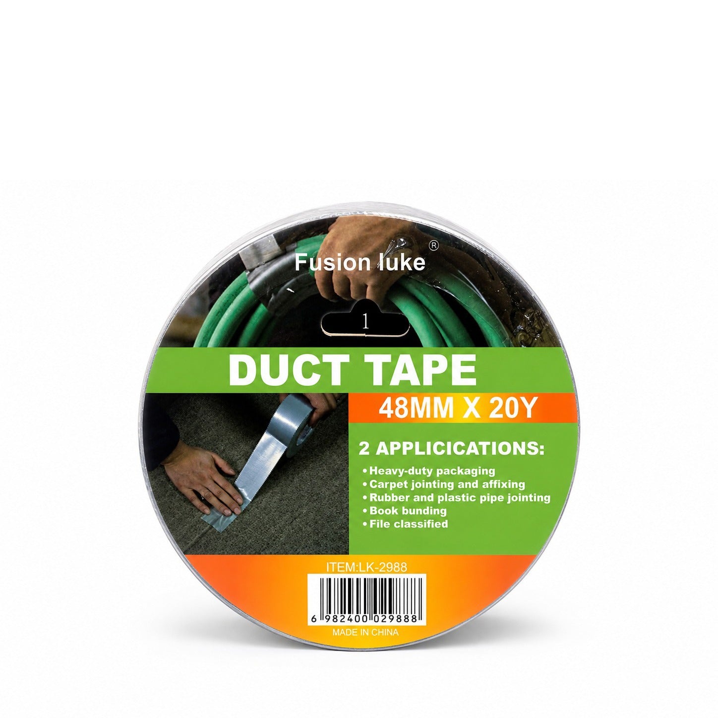 Heavy Duty Silver Duct Tape with branding and product details on a white background